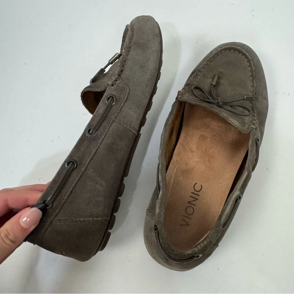 Vionic Suede Leather Grey Slip On Driving Loafers Casual Shoes With Bow Detail